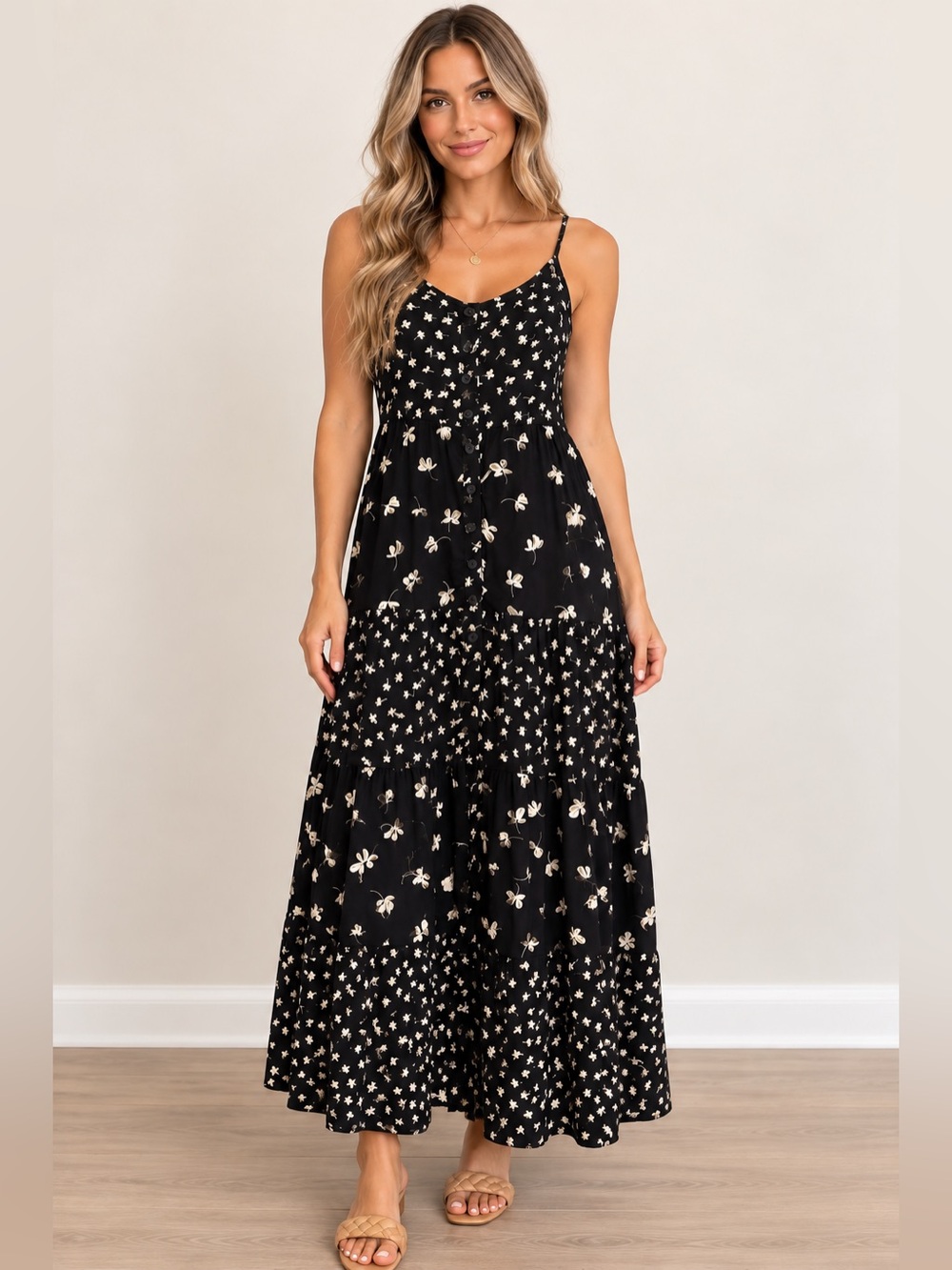 Patrons of Peace Black Maxi Dress with White Floral Print